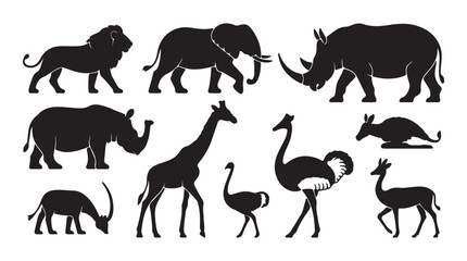 Black Safari Animal Silhouette Icons Set: Lion, Elephant, Rhino, Giraffe, Ostrich