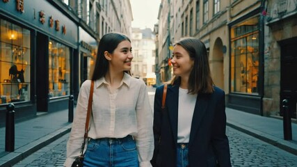 Two young women walk side by side through a narrow cobblestone street lined with boutiques. Concept of friendship adventure and cultural discovery. - Powered by Adobe