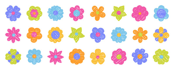 Crayon flower doodle set. Kids spring chalk pencil elements in sketch style. Hand drawn vector illustration isolated on white background.
