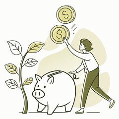 Woman putting coins into piggy bank growing money plant