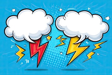 Two opposing comic book speech bubbles with powerful lightning bolts