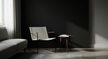 Fototapeta premium Monochrome Lounge Corner with Charcoal Accent Wall and Black Steel Chair