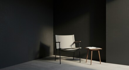 Monochrome Lounge Corner with Charcoal Accent Wall and Steel Chair