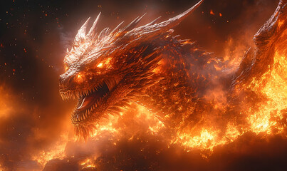 A fiery dragon emerges from swirling flames, glowing eyes piercing the scene. Detailed scales are visible
