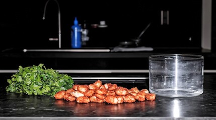 Spicy fried snacks with kitchen prep.