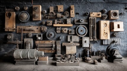 Art installationstyle arrangement of old machine parts in a museum of industry