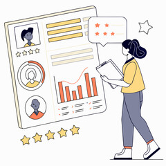 Woman reviewing employee performance data charts graphs