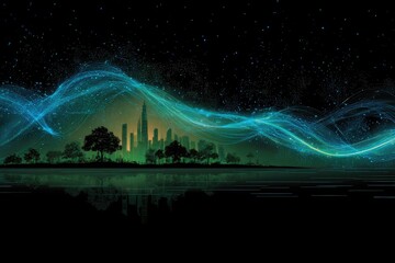 Cityscape at night, ethereal glow