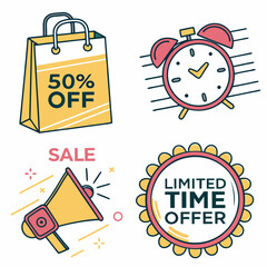 Limited time sale offer shopping bag alarm clock megaphone design elements