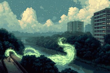 Mystical, pixelated city at night.  Green ethereal mist flows over a river