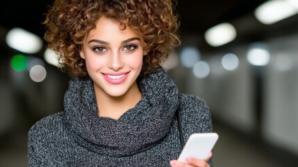 Young woman with curly hair smiling while using her smartphone in an indoor setting