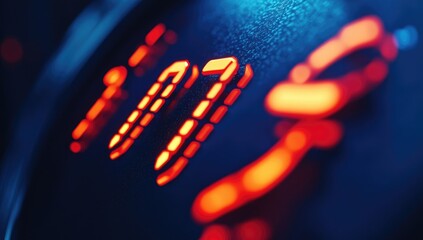 Close-up of glowing red digital numbers on a dark, textured surface