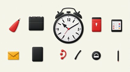 Office Icons with Clock, and Time Management.
