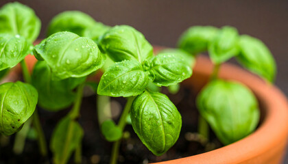 Obraz premium Vibrant Green Basil Seedlings Growing in a Terracotta Pot