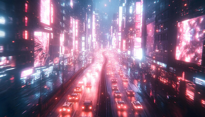 A futuristic cityscape glows pink and blue above a busy highway filled with cars at night