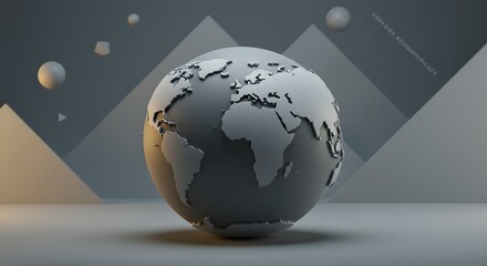 Abstract 3D Render of Earth Globe with Geometric Shapes, Minimalist World Map Design, Global Connectivity Concept, Futuristic Style, Digital Art