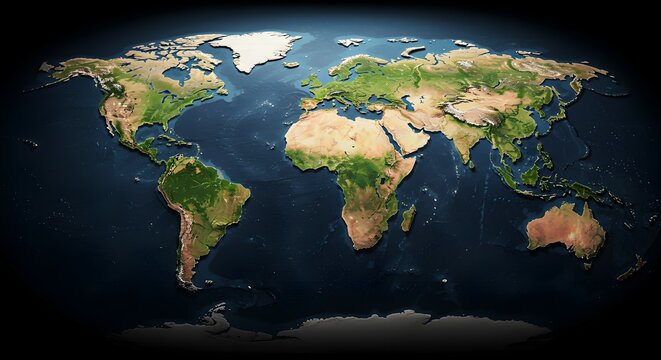 Stunning 3D Render of Earth High-Resolution World Map Image, Showing Continents, Oceans, and Topographic Details for Educational and Artistic Purposes