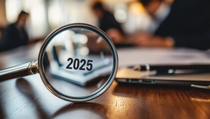 Magnifying glass over 2025 on a wooden table, blurry figures in background