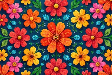 Bold floral motif arranged in a repeating square grid , bright, vector