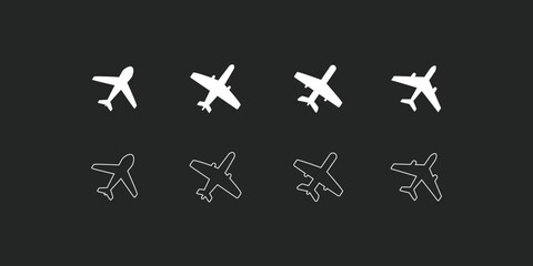 Obraz premium Airplane icon set. Aircraft vector sign. Airport arrival departure symbol. Plane icon set. Flight transport symbol. Airplane icon vector. Travel flat illustration. Travel symbol isolated