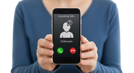 Woman holding smartphone receiving unknown call wondering whether to answer or not, portraying possible scam or fraud and stressful uncertainty in modern communication