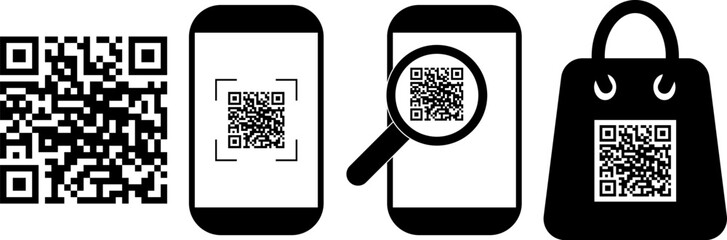 QR Code Scanning Mobile App Shopping Bag Technology Digital Payment. Stock vector