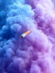 A single cigarette lies amidst a swirling mass of vibrant blue and purple smoke, creating a visually striking and somewhat ominous image