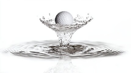 A golf ball splashes into water, creating dramatic ripples and droplets on a white background.