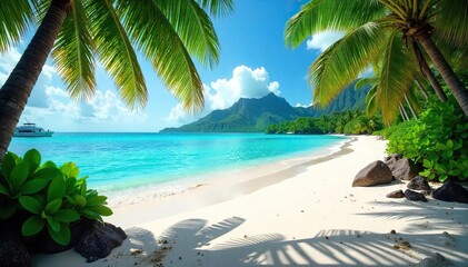 Sun-drenched white sand beach in Tahiti, turquoise water lapping gently at the shore, lush tropical foliage framing the scene  Paradise found ,  nature,  french polynesia