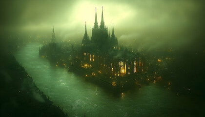 A gothic city with spires emerges from mist, bathed in warm light, bordered by a river under a hazy, green sky