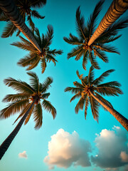 Sunset View of Tall Tropical Coconut Palm Trees from Low-Angle Perspective with charming sky Silhouetted Fronds, and Soft Gradient Sky Capturing a Serene, 