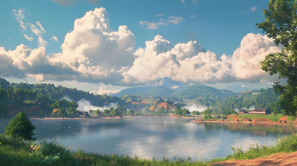 Fototapeta premium Serene Lake Scenery With Mountains And Clouds