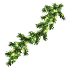 Green pine garland decorated with glowing fairy lights on a white background for festive decoration and celebration
