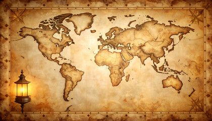Antique World Map Aged Parchment with Firefly Lantern