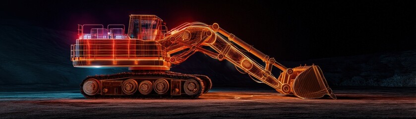 Nightlit excavator with glowing neon outlines   retrofuturistic industrial style