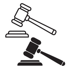 Gavel and Sound Block Line Art Icon Illustration, Black and White Judge Gavel Icon Illustration, Black Silhouette Gavel Icon