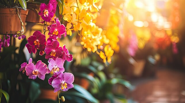 Vibrant orchid blossoms in sunlight. Hanging orchid plants in various shades of pink and yellow, bathed in warm sunlight. Blurred background of greenery and terracotta pots