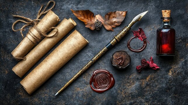 Aged scrolls, quill, ink, and seal.  Dark stone surface with antique writing implements