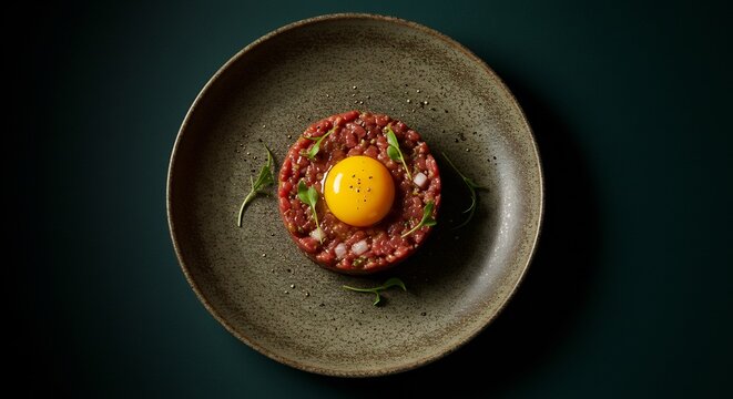Overhead Shot of Steak Tartare with Egg Yolk on Speckled Plate