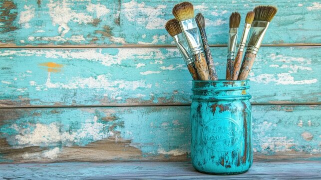 Teal paintbrushes in vintage mason jar against distressed wooden wall