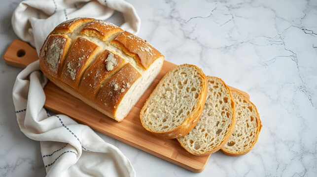 Homemade freshy baked bread on a wooden board and light grey marble table decorated textile towel.