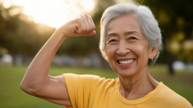 Senior woman exudes fitness confidence while exercising in a sunlit park setting.