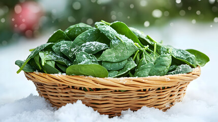 Freshly harvested spinach basket resting gently on a snowy winter surface