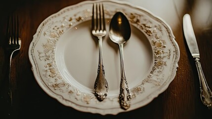 Elegant, antique-style plate with silverware