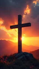 A rustic wooden cross stands alone against a dramatic sunset, symbolizing faith, hope, and redemption  Perfect for Easter, Lent, or general Christian themes ,  easter,  nature,  hope