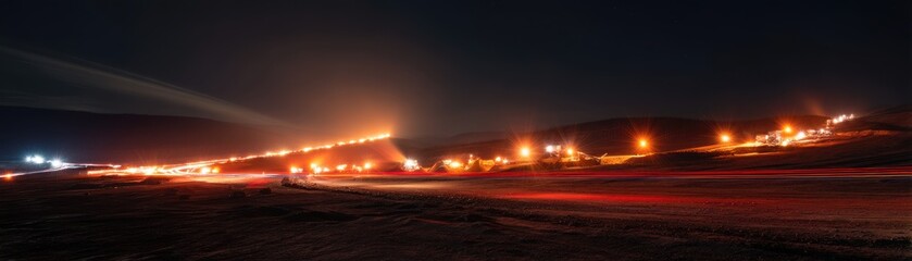 Time exposure shot of truck lights forming patterns on a mining site at night