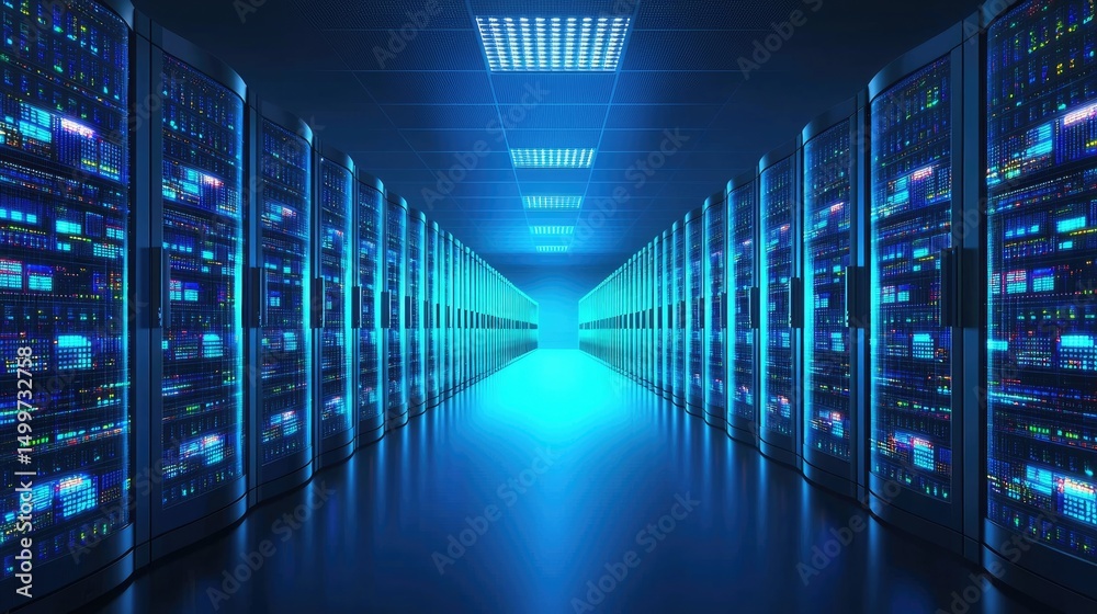 Poster futuristic data center corridor with vivid blue lighting, glowing ceiling panels, and full server ra