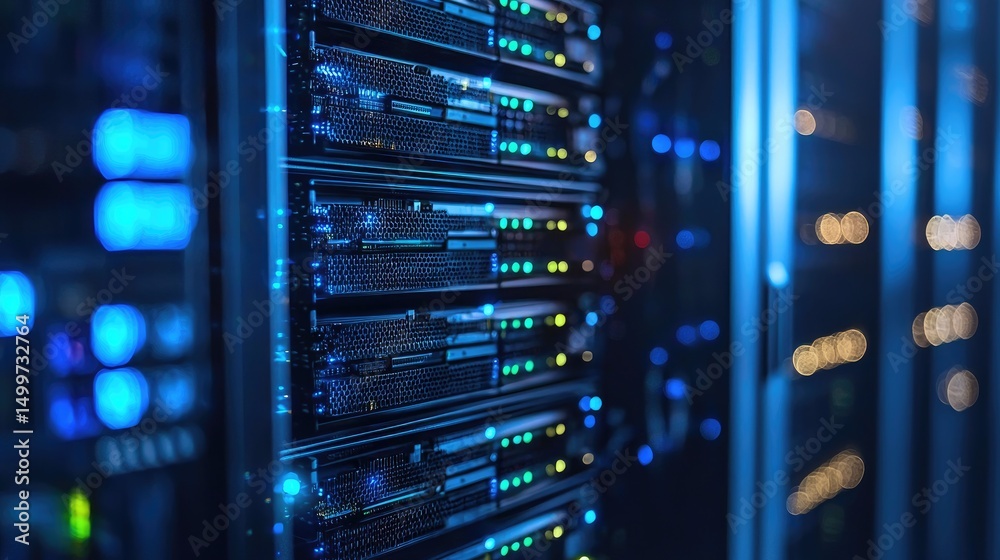Leinwandbilder close-up of active data center servers with hexagonal vents, green and yellow status leds, and glowi