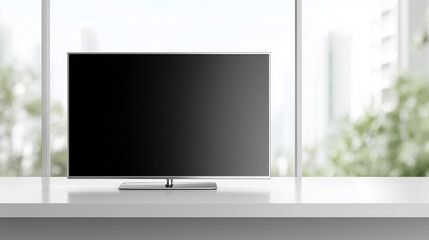 Sleek flat-screen TV displayed on minimalist white shelf, modern home entertainment and technology concept for living room interior design.