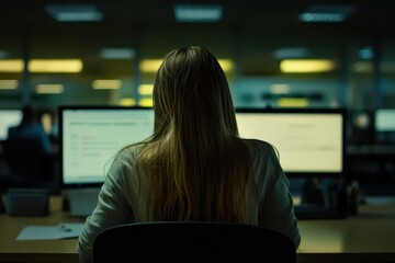 Contemplative Female Worker at Computer in Dimly Lit Office Space